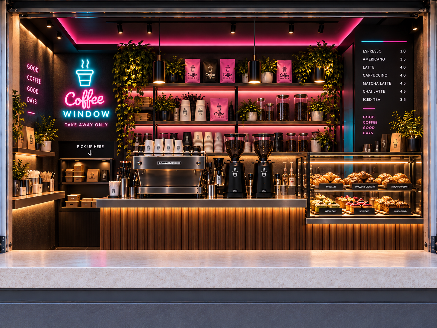 Referencia de interior Coffee Window: barra de madera, iluminación rosa y rótulo celeste